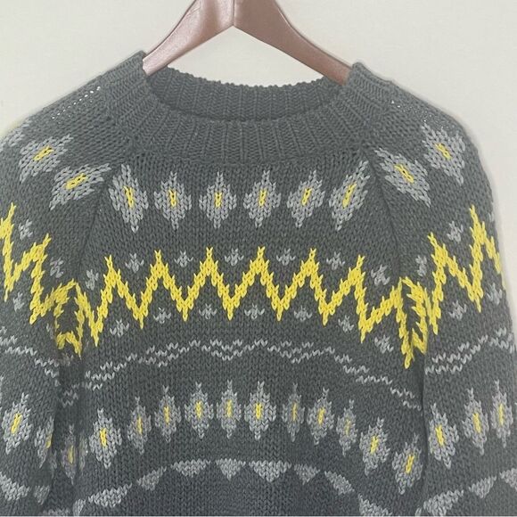 ZARA KNIT Cotton Icelandic Skandinavian Fair Isle Sweater Gray Yellow M #AP - Picture 5 of 7